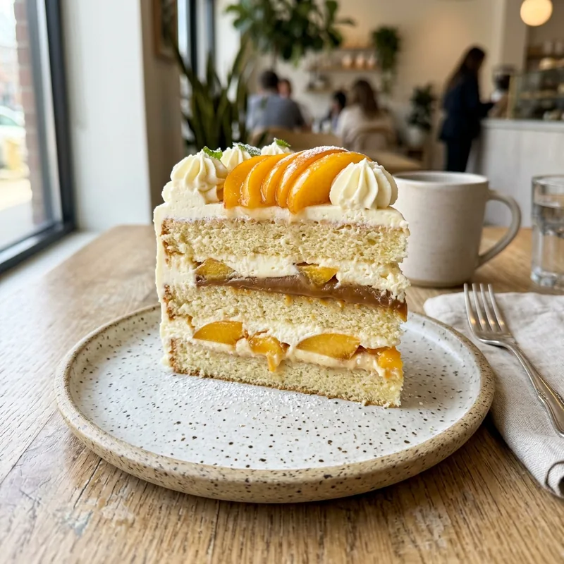 Porción de torta de durazno con crema