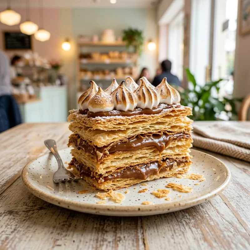 Porción de milhojas con merengue italiano flameado